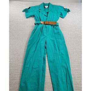 VTG Petrina & Co Jumpsuit Womens 8 Green Belted Shoulder Pads Wide Leg